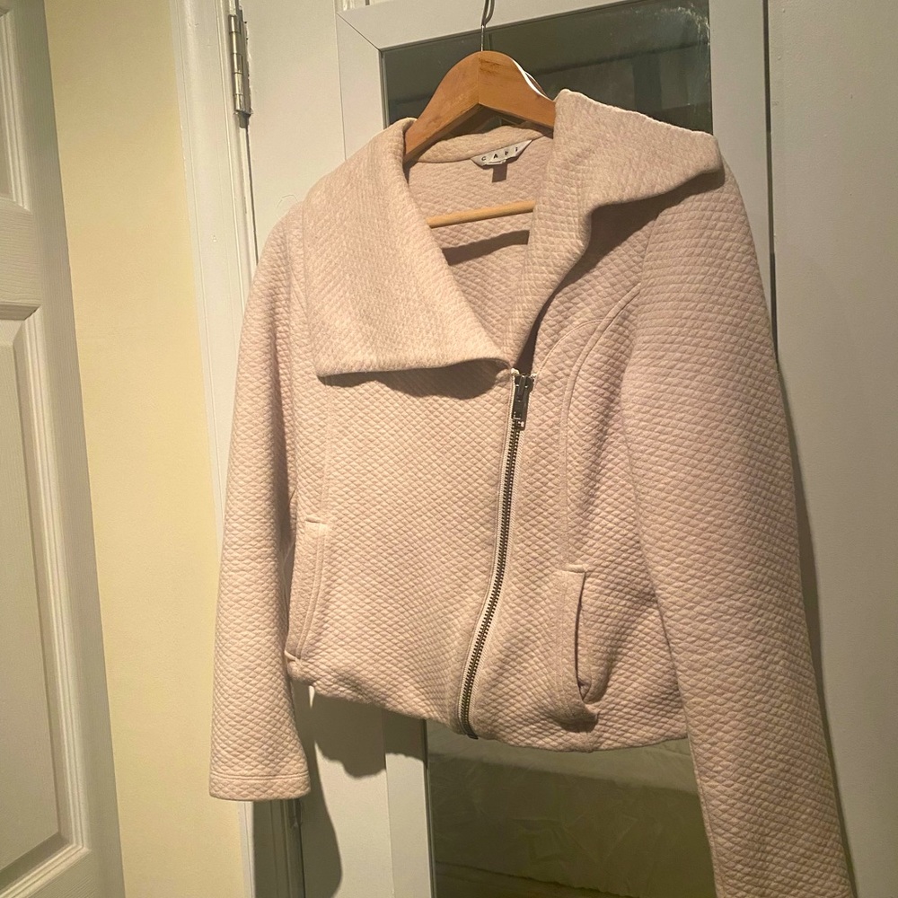 CAbi Tan Quilted Knit Collared Full Zip Moto Jacket. Size XS